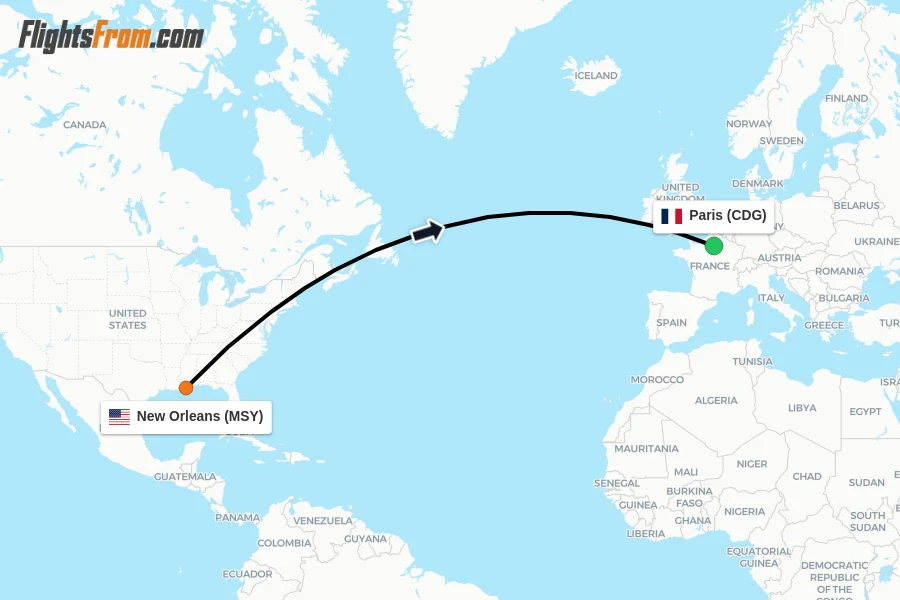 Flights from New Orleans to Paris route map