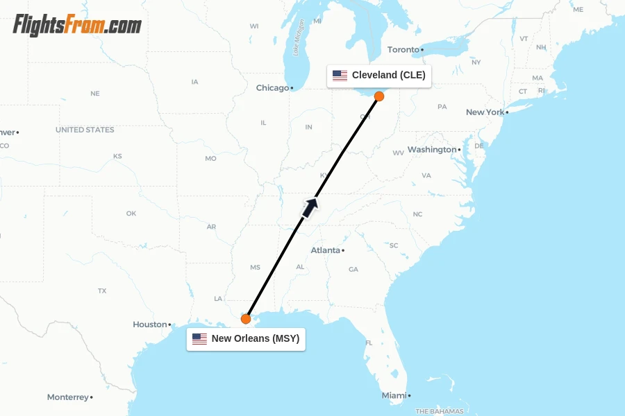 Flights from New Orleans to Cleveland route map