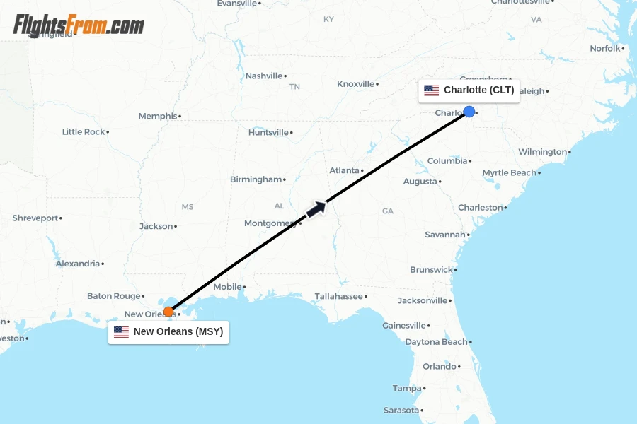 Flights from New Orleans to Charlotte route map