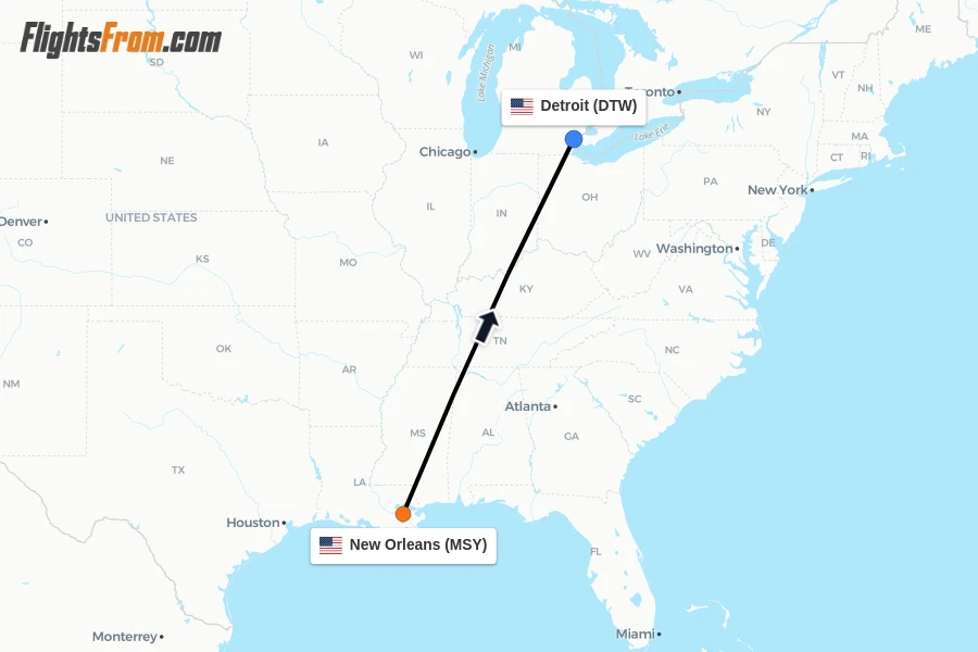 Flights from New Orleans to Detroit route map