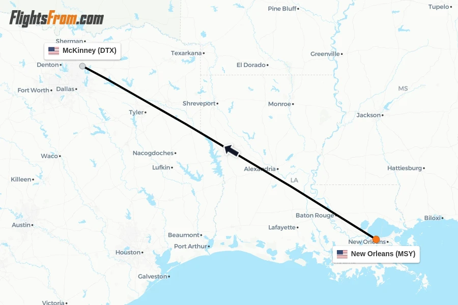 Flights from New Orleans to McKinney route map