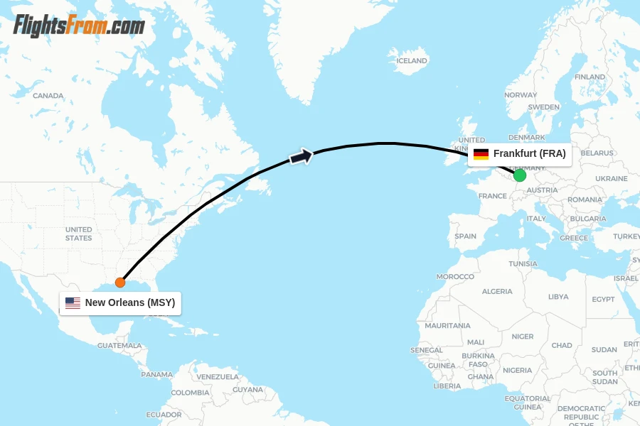 Flights from New Orleans to Frankfurt route map