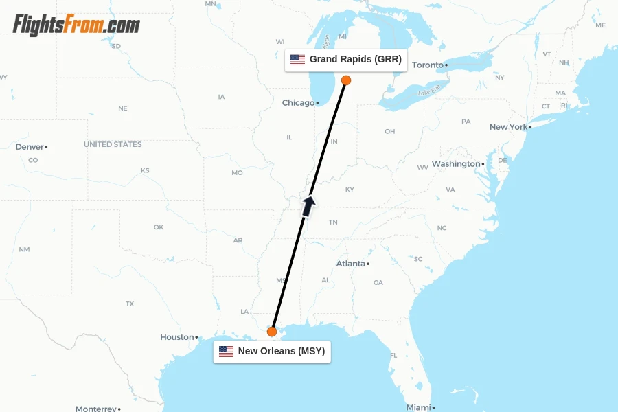 Flights from New Orleans to Grand Rapids route map