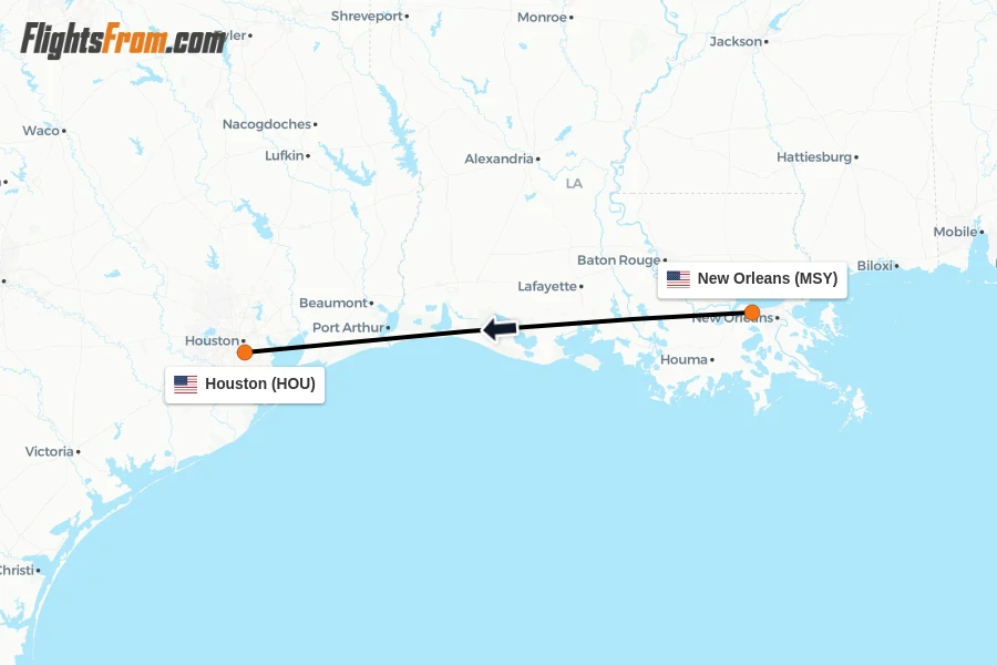 Flights from New Orleans to Houston route map