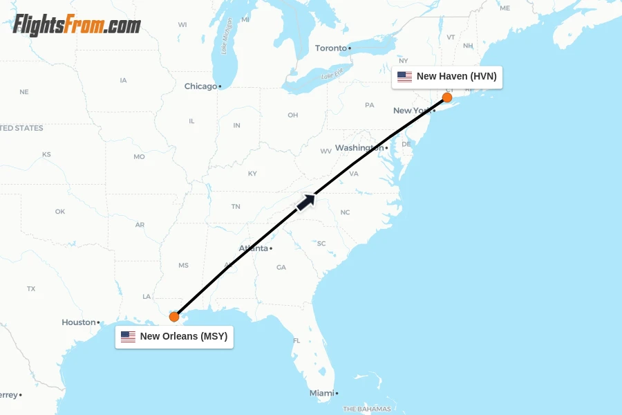 Flights from New Orleans to New Haven route map