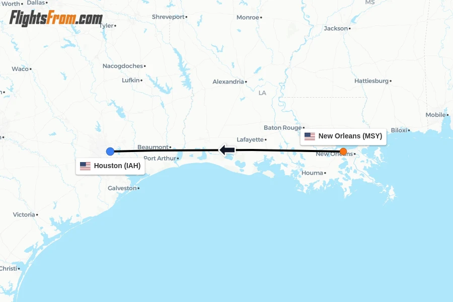 Flights from New Orleans to Houston route map