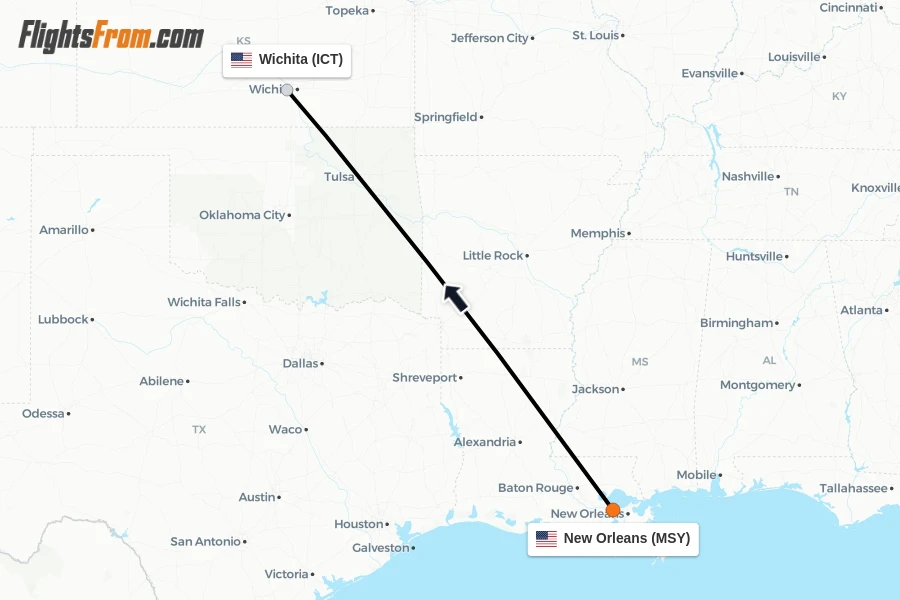 Flights from New Orleans to Wichita route map