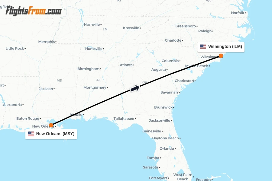 Flights from New Orleans to Wilmington route map