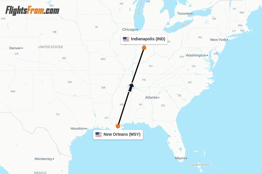 Flights from New Orleans to Indianapolis route map