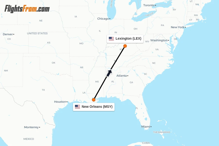 Flights from New Orleans to Lexington route map