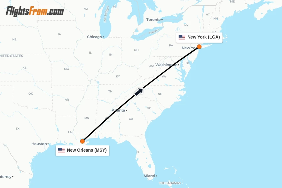 Flights from New Orleans to New York route map