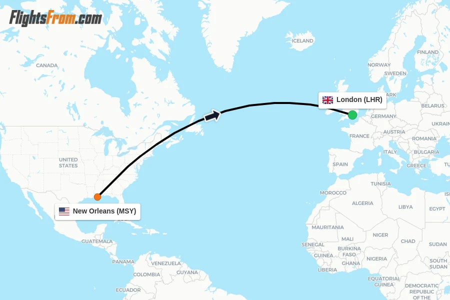 Flights from New Orleans to London route map