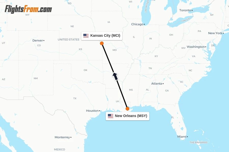 Flights from New Orleans to Kansas City route map