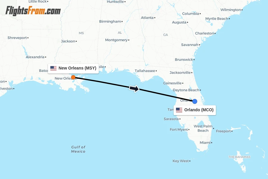 Flights from New Orleans to Orlando route map