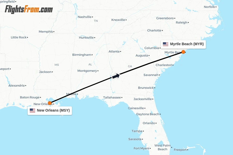 Flights from New Orleans to Myrtle Beach route map