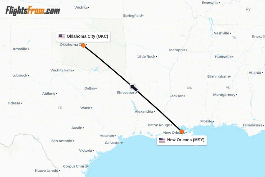 Flights from New Orleans to Oklahoma City route map