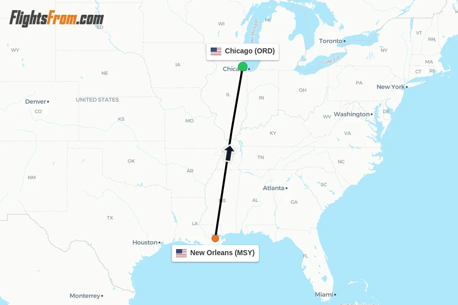 Flights from New Orleans to Chicago route map