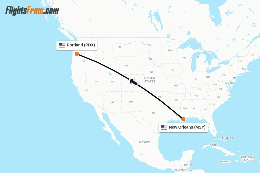 Flights from New Orleans to Portland route map