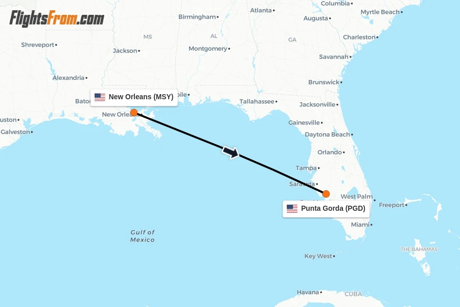 Flights from New Orleans to Punta Gorda route map