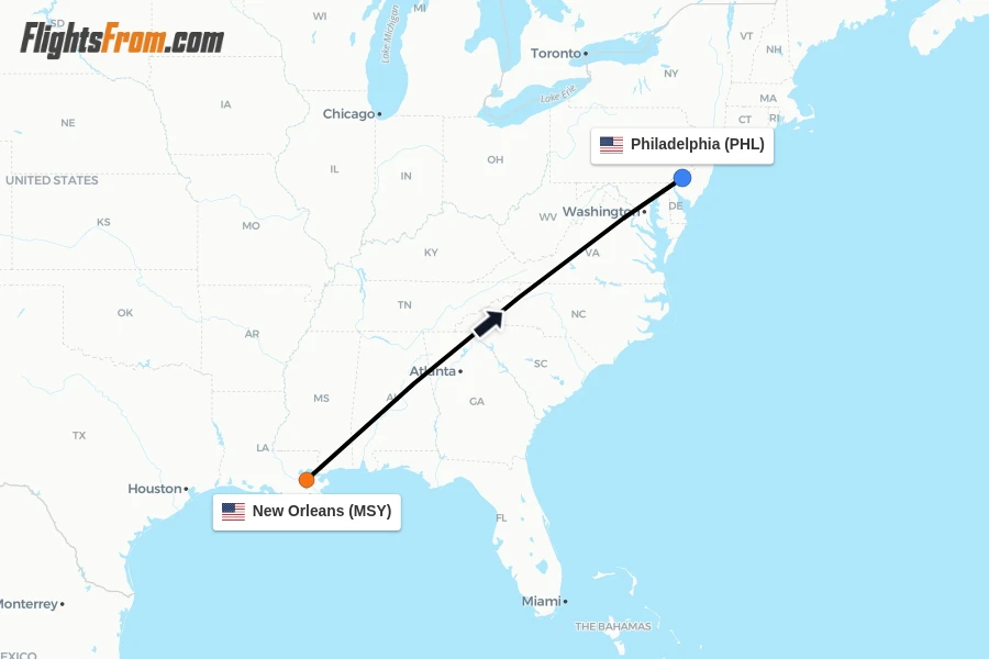 Flights from New Orleans to Philadelphia route map
