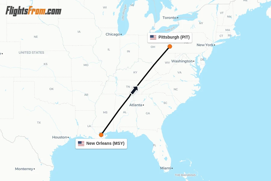 Flights from New Orleans to Pittsburgh route map
