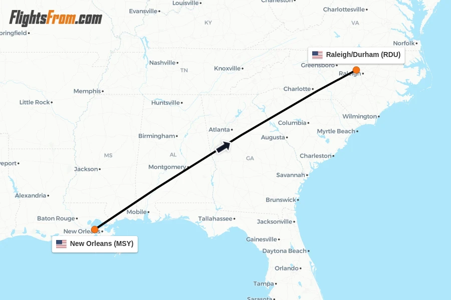 Flights from New Orleans to Raleigh/Durham route map