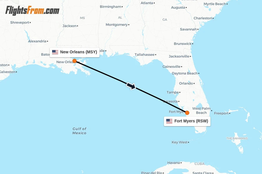 Flights from New Orleans to Fort Myers route map