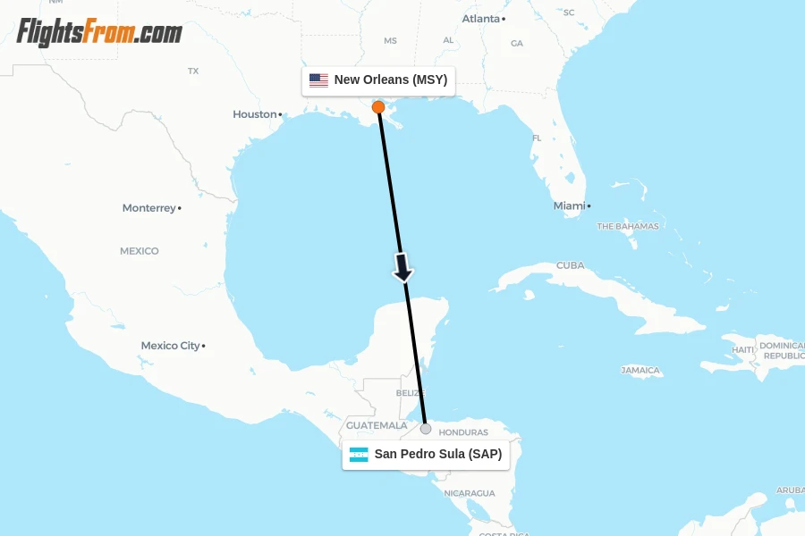 Flights from New Orleans to San Pedro Sula route map