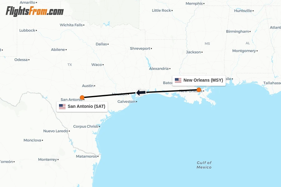 Flights from New Orleans to San Antonio route map