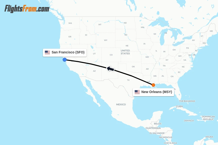 Flights from New Orleans to San Francisco route map
