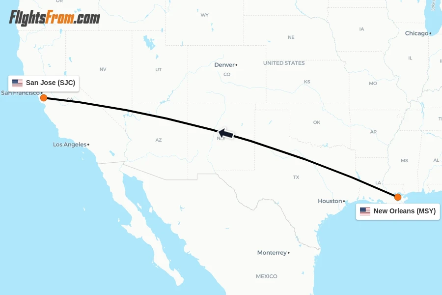 Flights from New Orleans to San Jose route map
