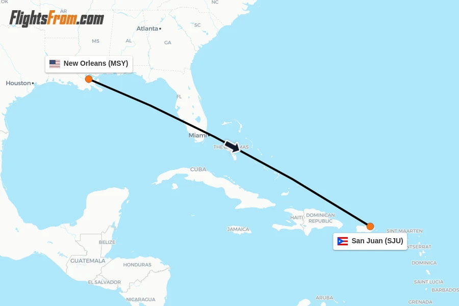 Flights from New Orleans to San Juan route map