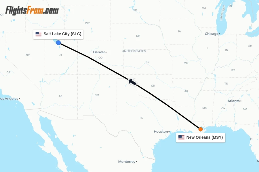 Flights from New Orleans to Salt Lake City route map