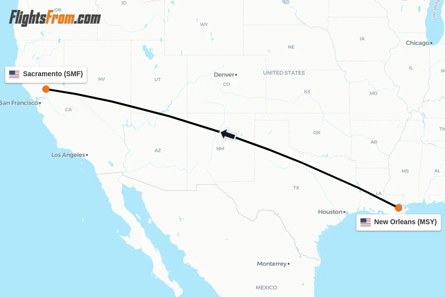 Flights from New Orleans to Sacramento route map