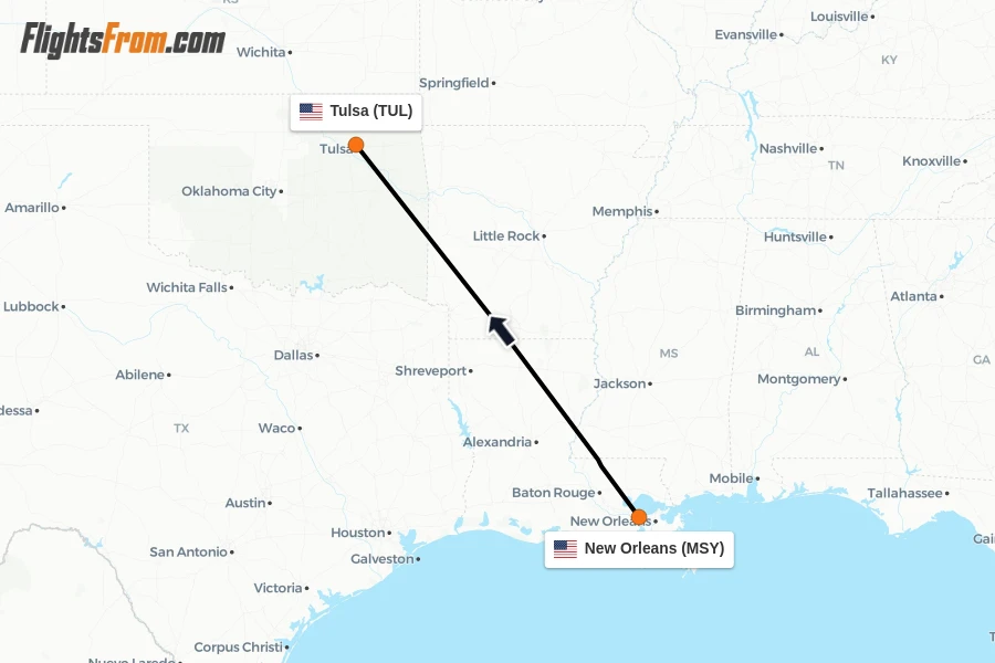 Flights from New Orleans to Tulsa route map