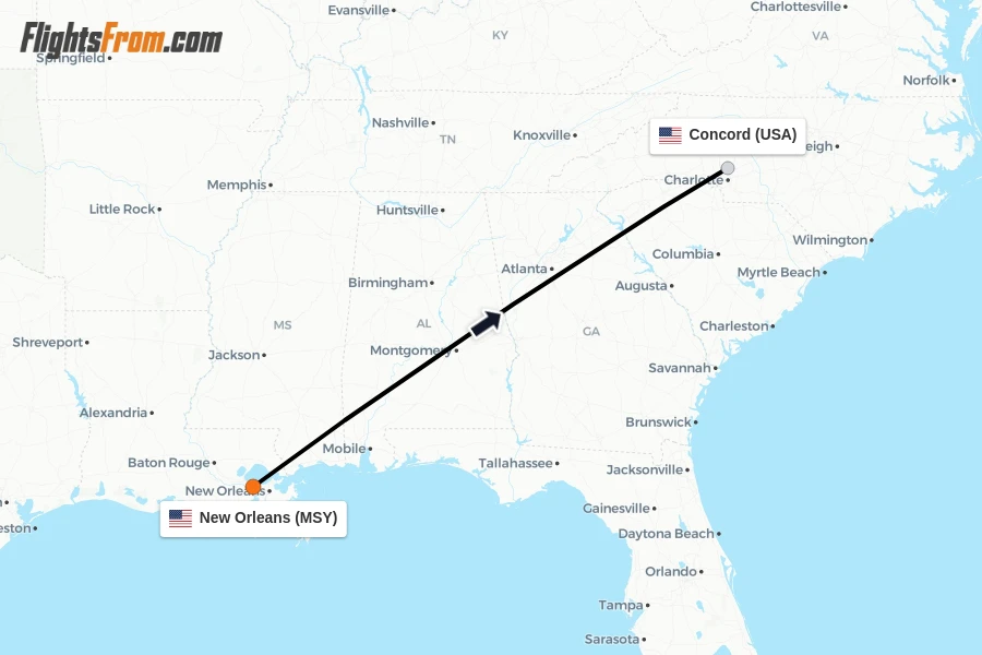 Flights from New Orleans to Concord route map
