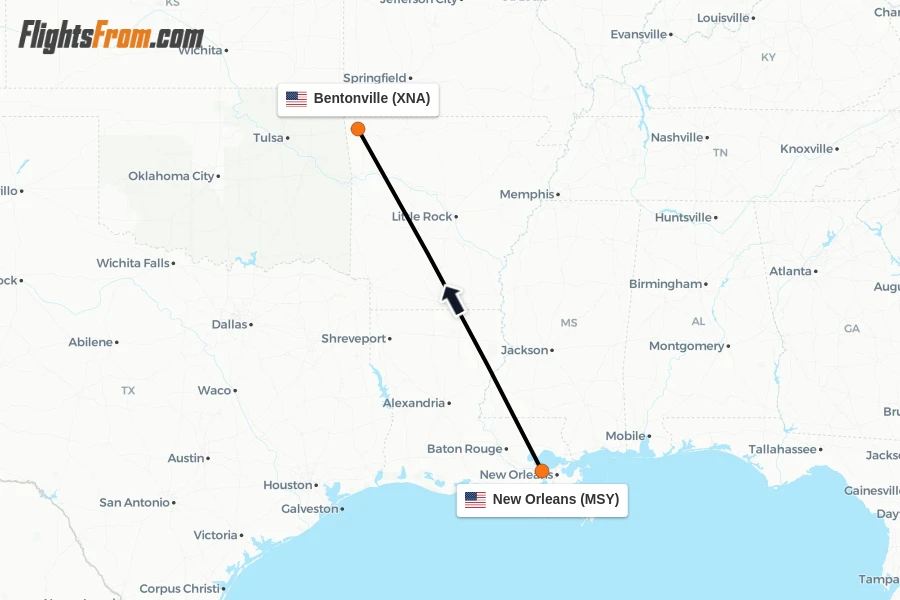 Flights from New Orleans to Bentonville route map