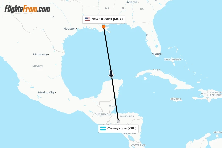Flights from New Orleans to Comayagua route map