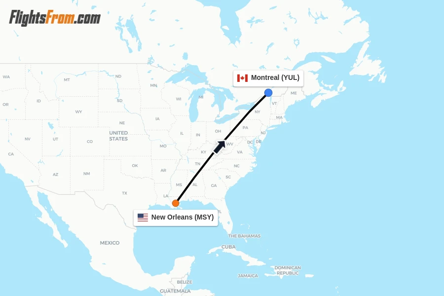 Flights from New Orleans to Montreal route map