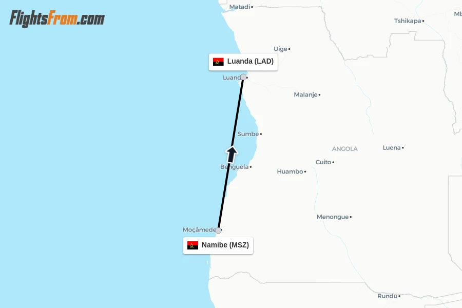 Flights from Namibe to Luanda route map