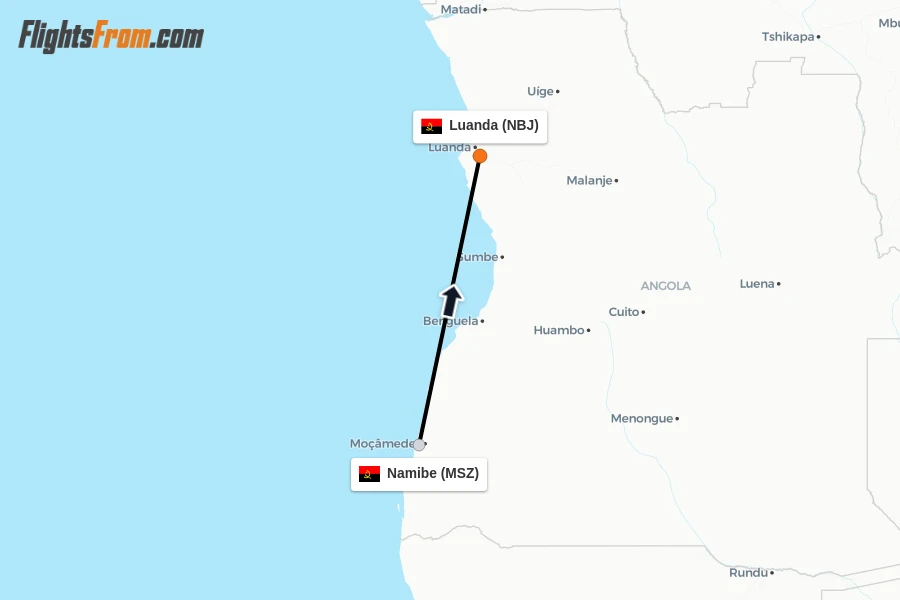 Flights from Namibe to Luanda route map