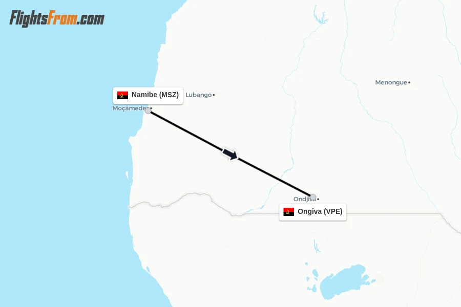 Flights from Namibe to Ongiva route map
