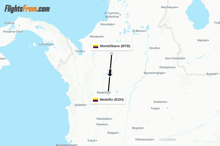 Flights from Montelibano to Medellin route map
