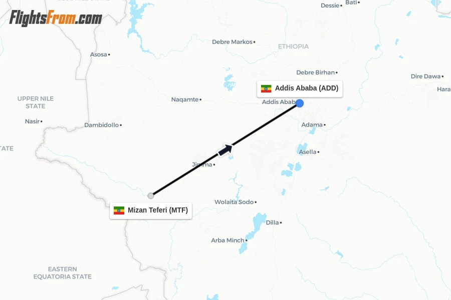 Flights from Mizan Teferi to Addis Ababa route map