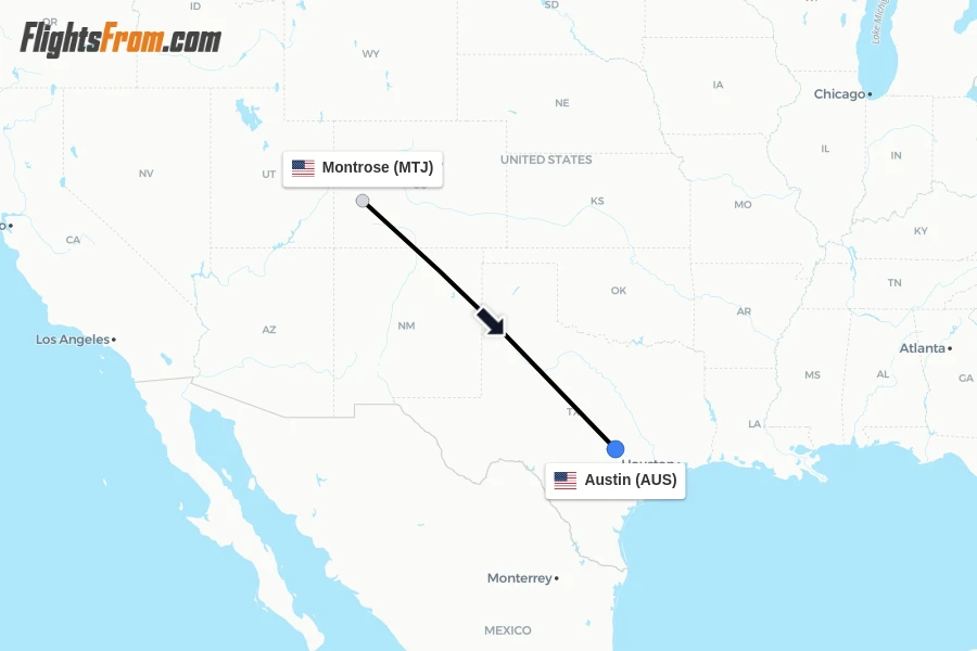 Flights from Montrose to Austin route map