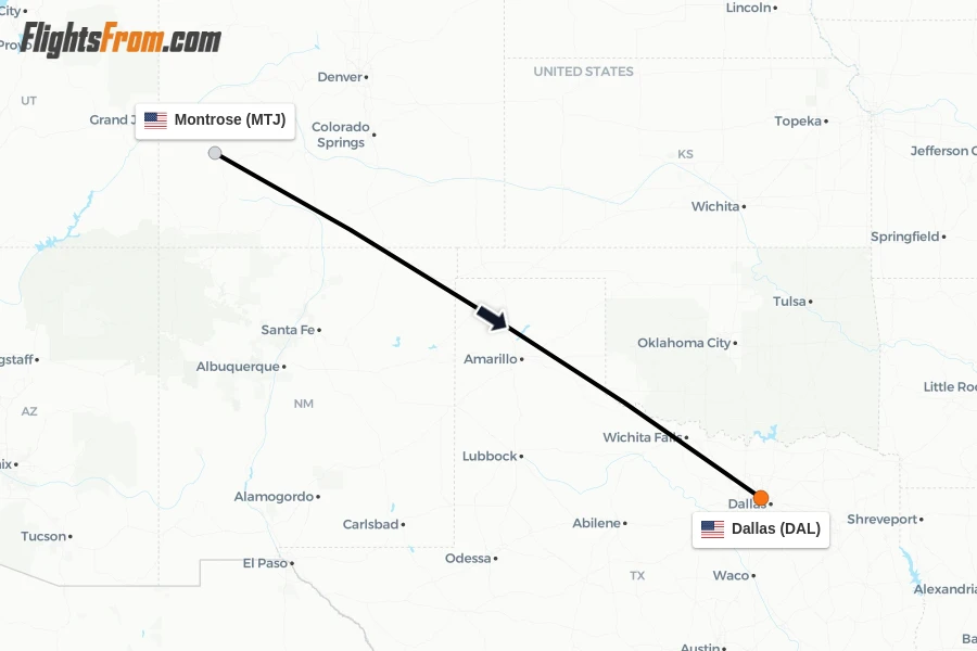 Flights from Montrose to Dallas route map