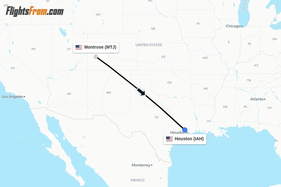 Flights from Montrose to Houston route map
