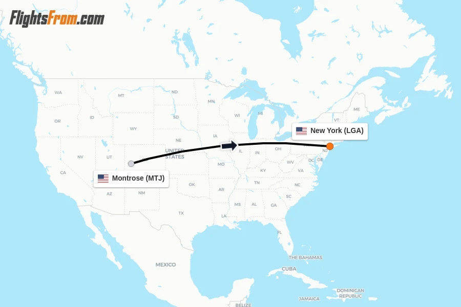 Flights from Montrose to New York route map