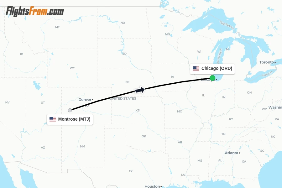 Flights from Montrose to Chicago route map