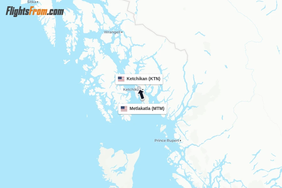 Flights from Metlakatla to Ketchikan route map